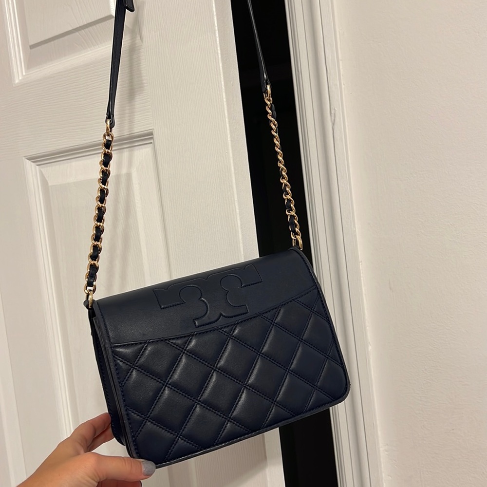 Tory Burch Navy Quilted Leather Crossbody with Gold Chain